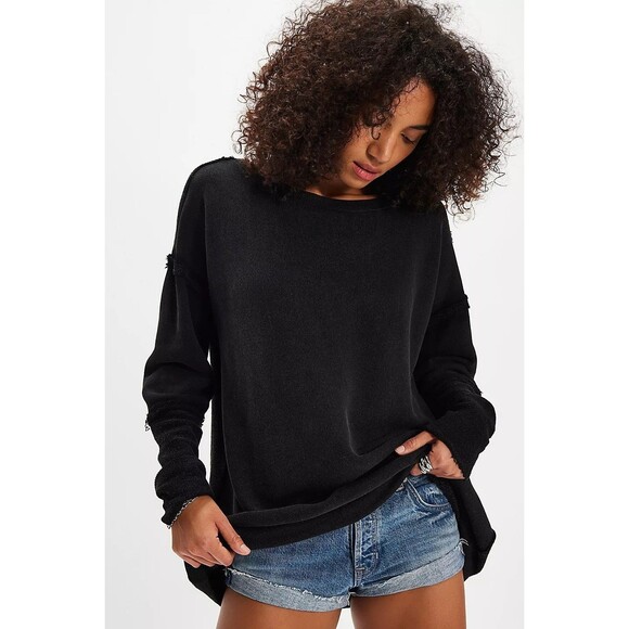Free People Midnight Drift Pullover Sweatshirt Top Black Cotton S NWT 283708 - Picture 2 of 7